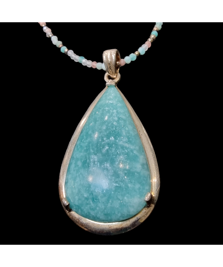 Pendentif Amazonite Argent 925 sur collier pierres facettées Amazonite Tourmaline Aigue marine & Pierre de lune