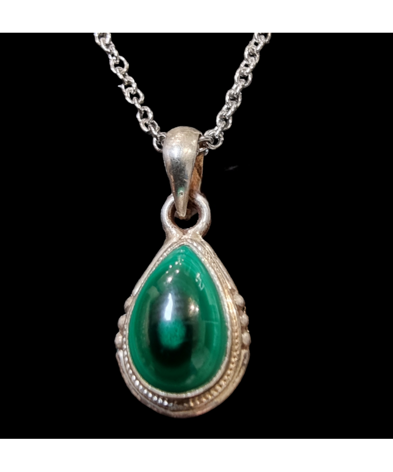 Pendentif Malachite goutte Argent 925 avec chaîne