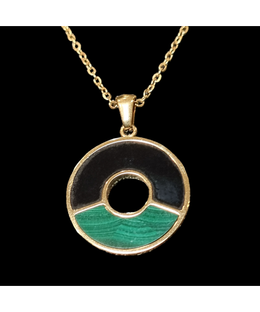 Pendentif Malachite & Onyx rond avec chaîne plaquée or