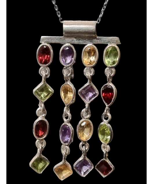 Pendentif Péridot Citrine Améthyste & Grenat Argent 925 avec chaîne