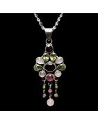 Pendentif Grenat Péridot Pierre de lune Tourmaline rose avec chaîne Argent 925
