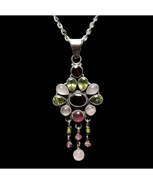 Pendentif Grenat Péridot Pierre de lune Tourmaline rose avec chaîne Argent 925
