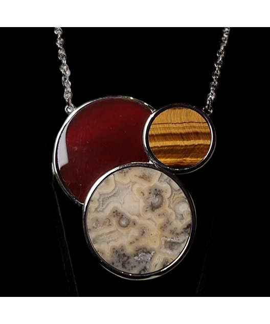 Pendentif Cornaline Œil de tigre & Crazy lace avec chaîne