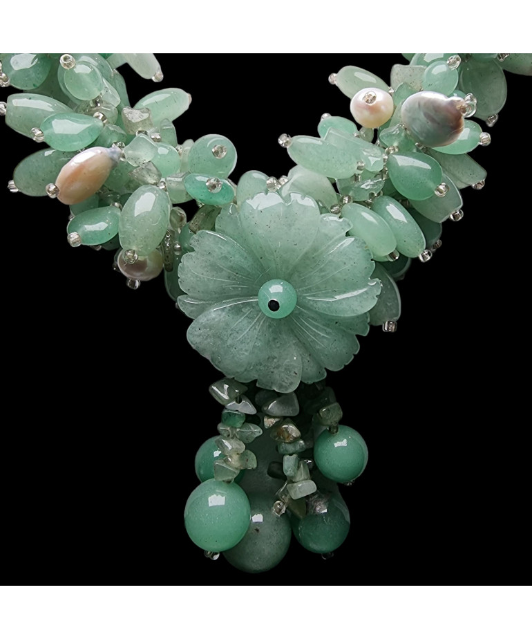 Collier Aventurine verte & Perles bouquet de fleur
