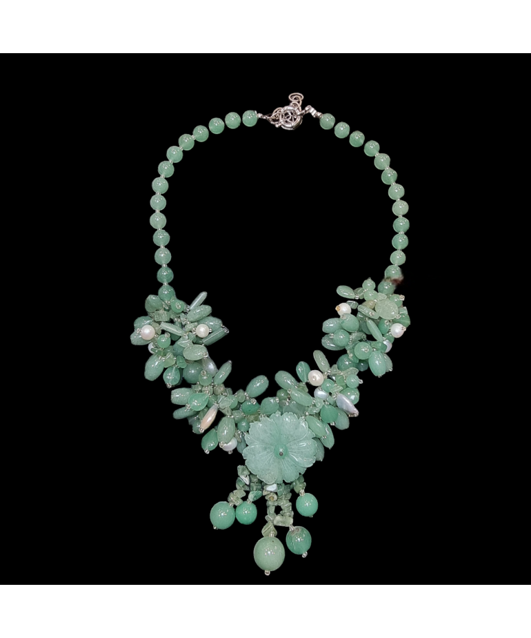 Collier Aventurine verte & Perles bouquet de fleur