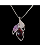 Pendentif Améthyste Grenat & Quartz rose Feuille et chaîne Argent 925