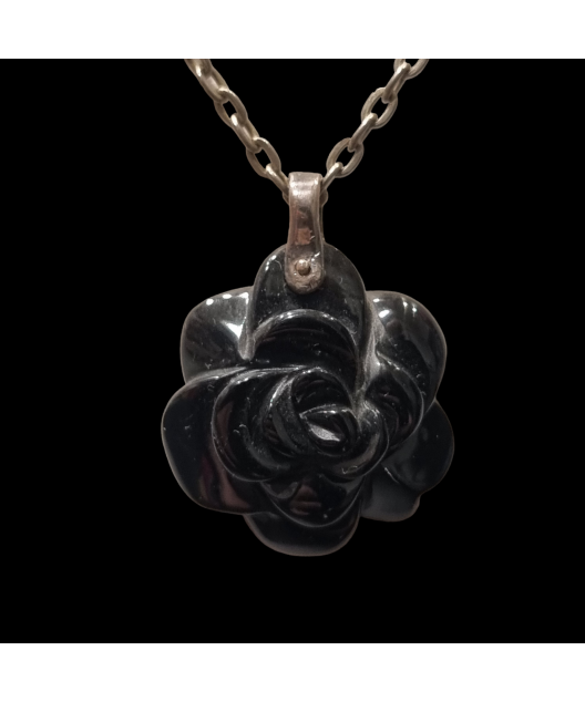 Pendentif Onyx Fleur et chaîne Argent 925