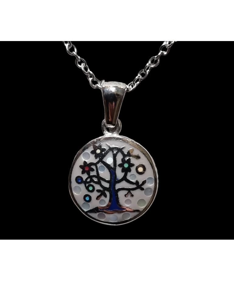 Pendentif Email rond Arbre de vie avec chaîne