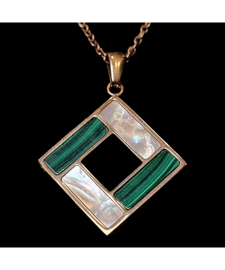 Pendentif Malachite & Nacre avec chaîne acier rosé