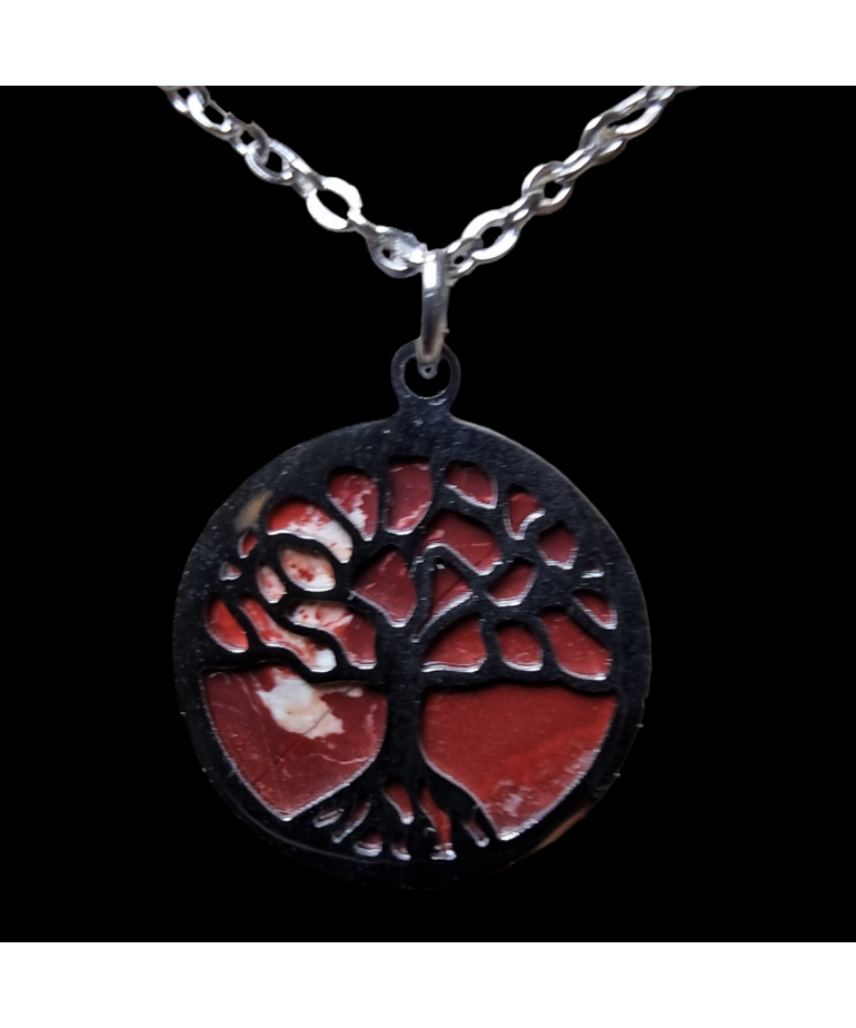 Pendentif Jaspe mokaïte Arbre de vie sur chaîne