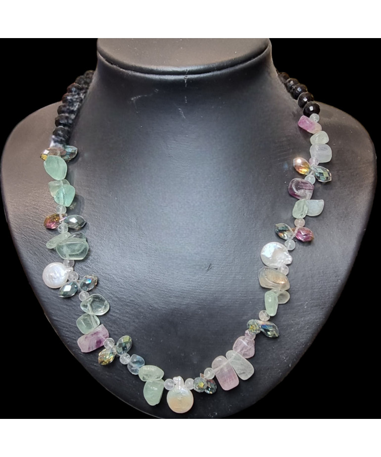 Collier Fluorite Zirconium Perles d'eau douce baroques & Onyx facettée