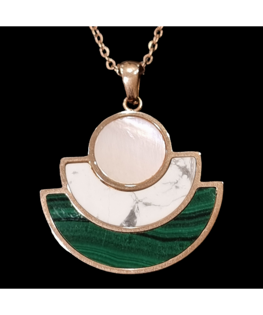 Pendentif Malachite Howlite & Nacre avec chaîne acier rosé