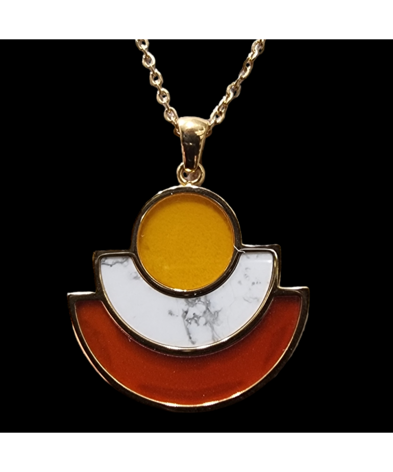 Pendentif Cornaline Howlite & Jaspe jaune avec chaîne acier plaqué or