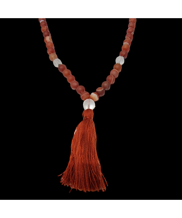 Collier Mala Sardonyx et Cristal de Quartz mat 108 pierres rondes 8mm