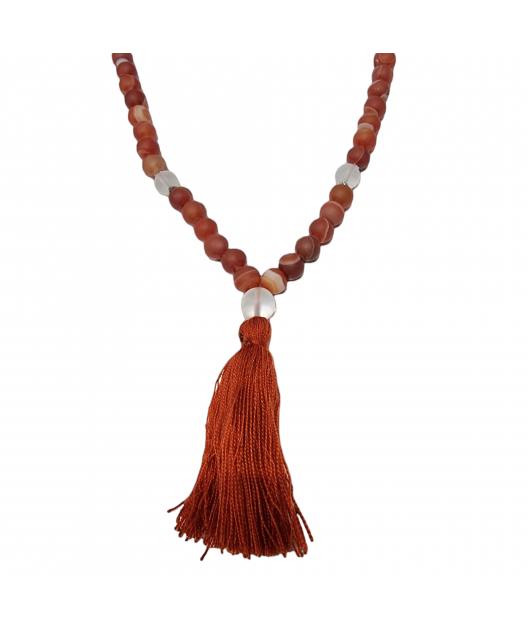 Collier Mala Sardonyx et Cristal de Quartz mat 108 pierres rondes 8mm