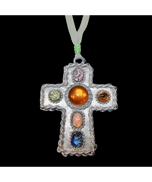 Pendentif Croix Verre Murano Métal argenté sur cordon