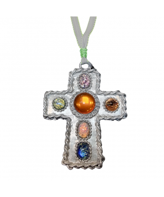 Pendentif Croix Verre Murano Métal argenté sur cordon
