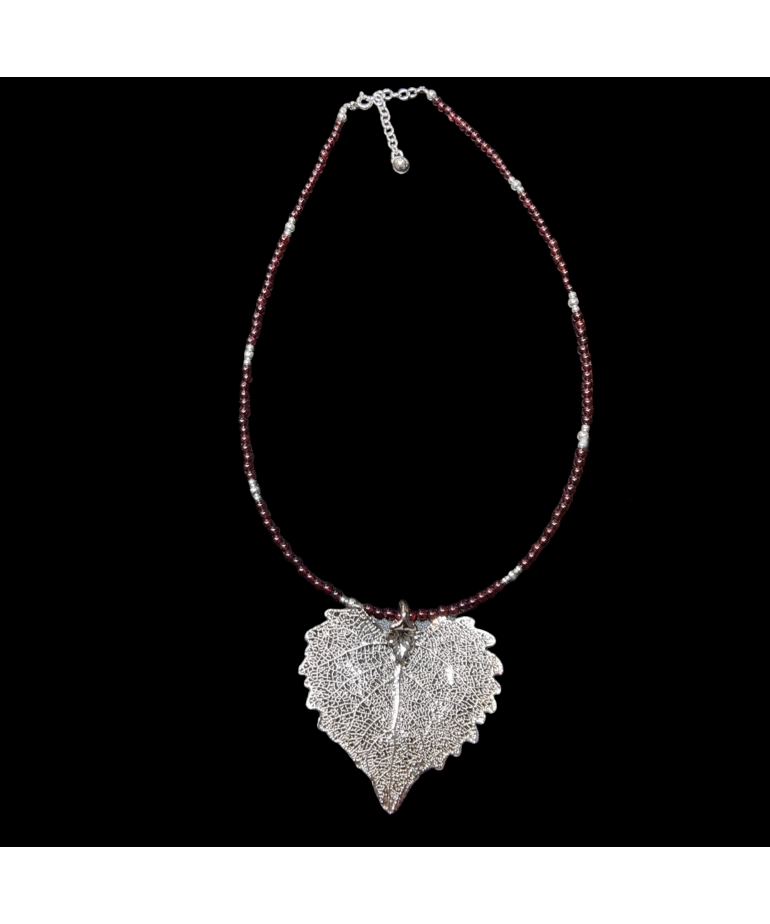 Pendentif Feuille sur collier Grenat Argent 925