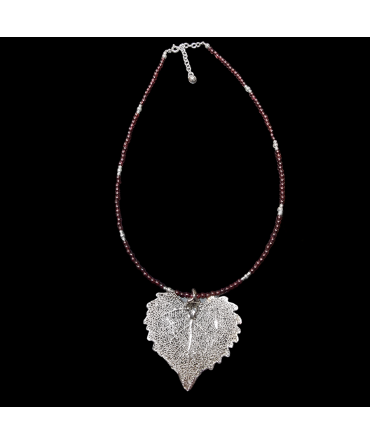 Pendentif Feuille sur collier Grenat Argent 925