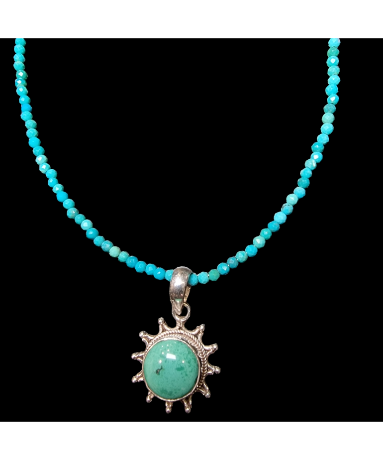 Pendentif Turquoise soleil Argent 925 sur collier turquoise facettée