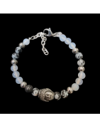 Bracelet Bien être Obsidienne neigeuse & Calcédoine avec tête de Bouddha