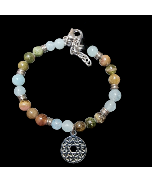 Bracelet Bien être Aigue marine & Agate Fleur de vie avec fermoir