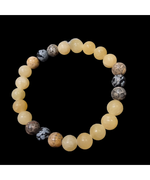 Bracelet Calcite jaune Jaspe paysage & Obsidienne neigeuse Pierres rondes 8mm