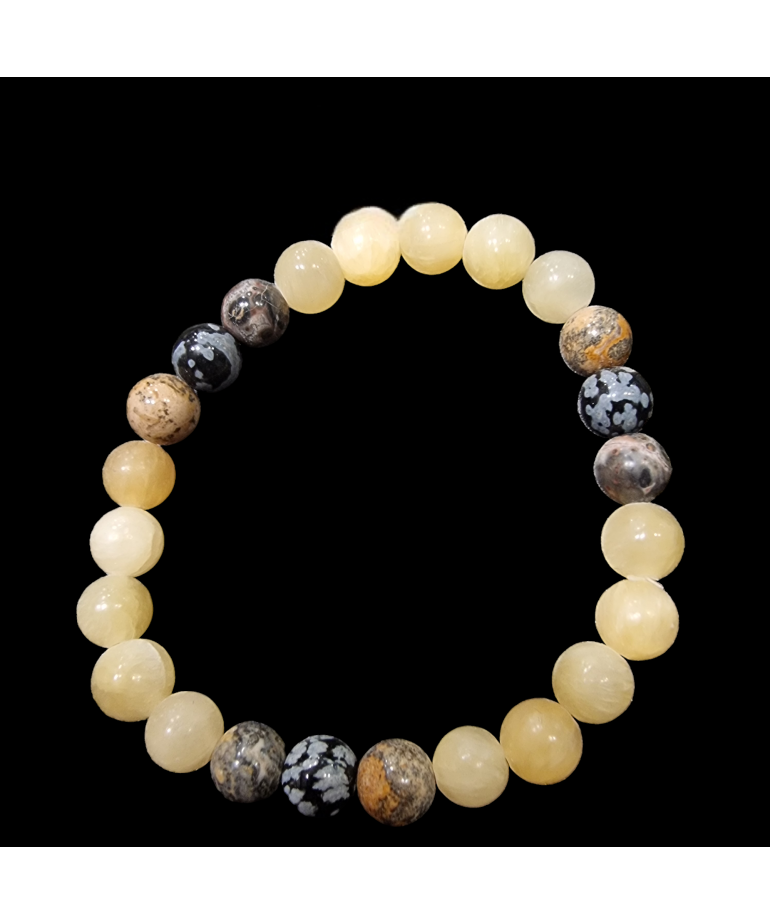 Bracelet Calcite jaune Jaspe paysage & Obsidienne neigeuse Pierres rondes 8mm