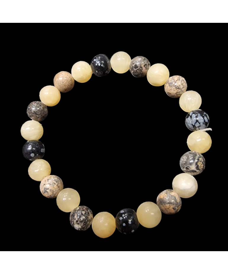 Bracelet Calcite jaune Jaspe paysage & Obsidienne neigeuse Pierres rondes 8mm