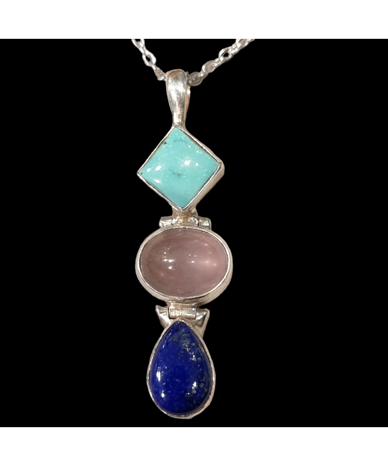 Pendentif Turquoise Quartz rose & Lapis-lazuli Argent 925