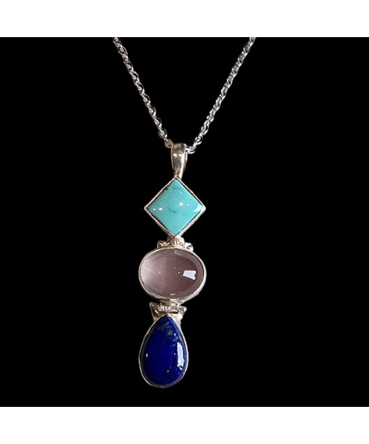 Pendentif Turquoise Quartz rose & Lapis-lazuli Argent 925