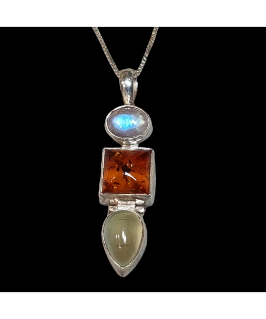 Pendentif Pierre de lune Ambre & Préhnite Epidote Argent 925