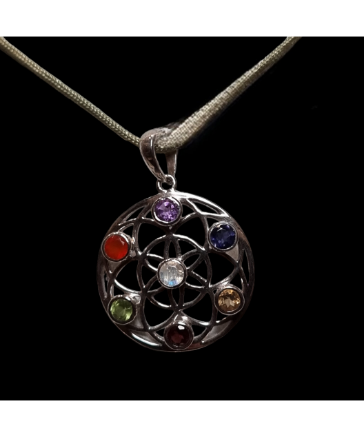 Pendentif 7 Chakras Fleur de vie Argent 925 sur cordon réglable