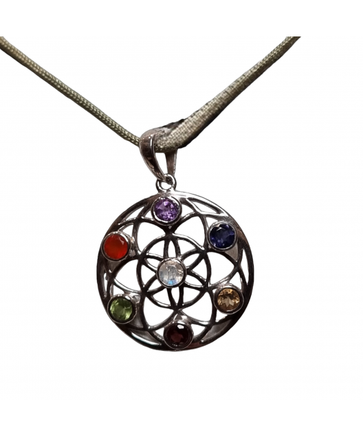 Pendentif 7 Chakras Fleur de vie Argent 925 sur cordon réglable
