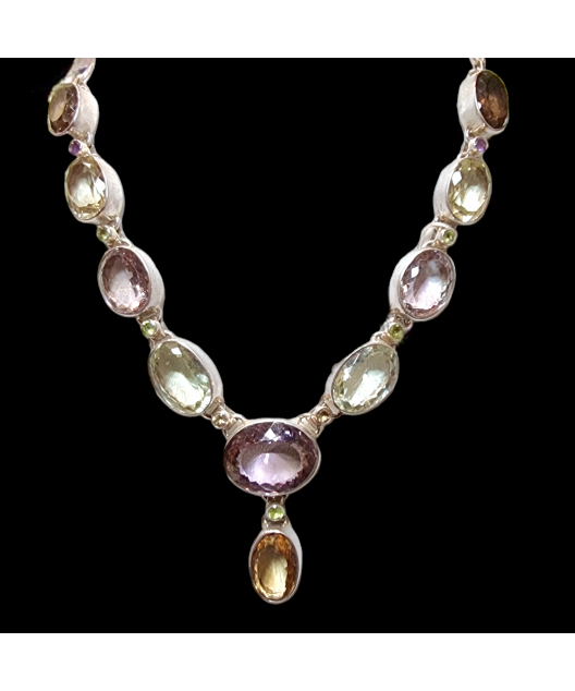 Collier Améthyste Quartz fumé Citrine & Péridot sertis avec fermoir Argent 925
