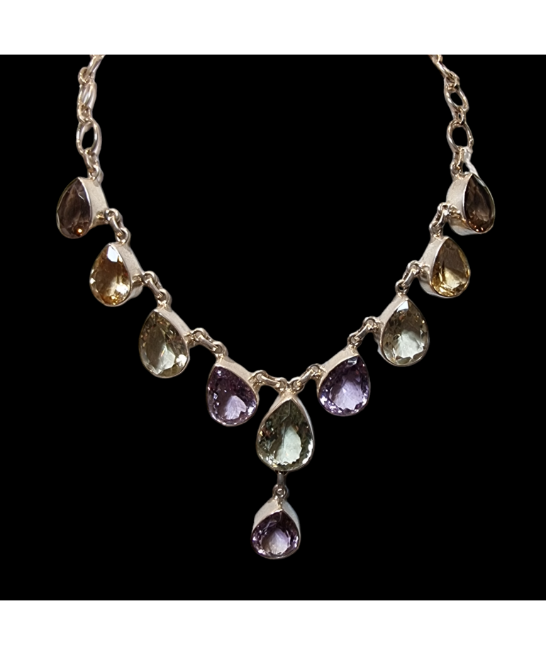 Collier Améthyste Citrine & Quartz fumé avec fermoir Argent 925