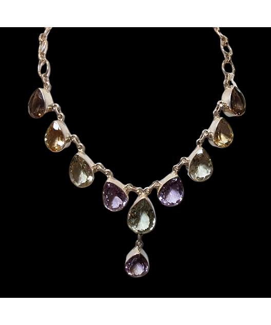Collier Améthyste Citrine & Quartz fumé avec fermoir Argent 925