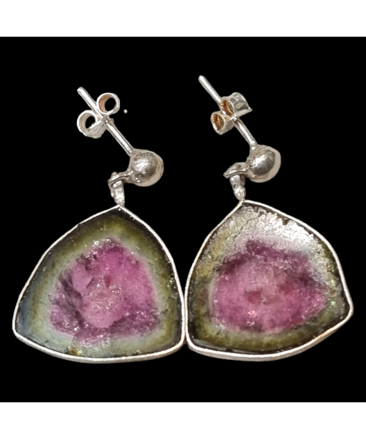 Boucles Tourmaline melon d'eau serties Argent 925