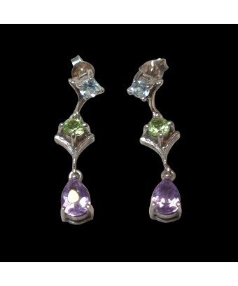 Boucles Péridot Topaze bleue & Améthyste Argent 925