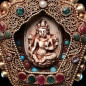 Pendentif Déesse Brahmanique Ivoire & Turquoises Saphir Emeraude Rubis et Perle avec Cordon