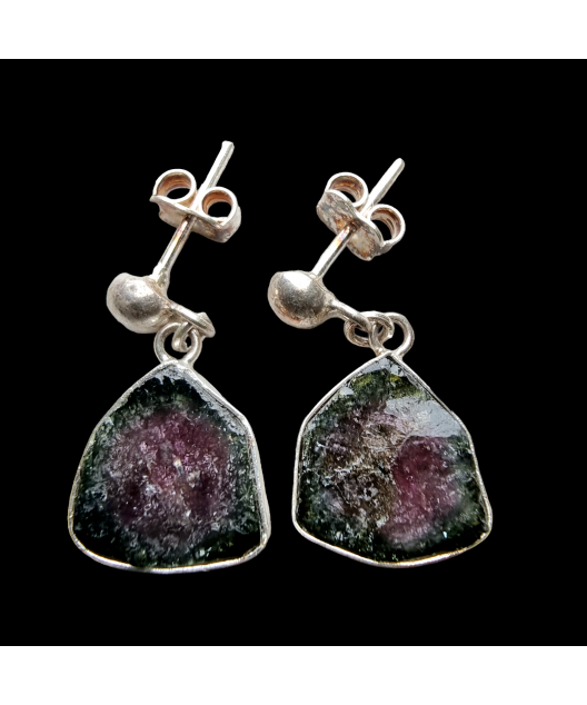 Boucles Tourmaline melon d'eau serties Argent 925