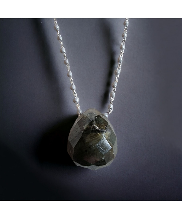 Pendentif Labradorite et Chaîne perles d'émail Acier