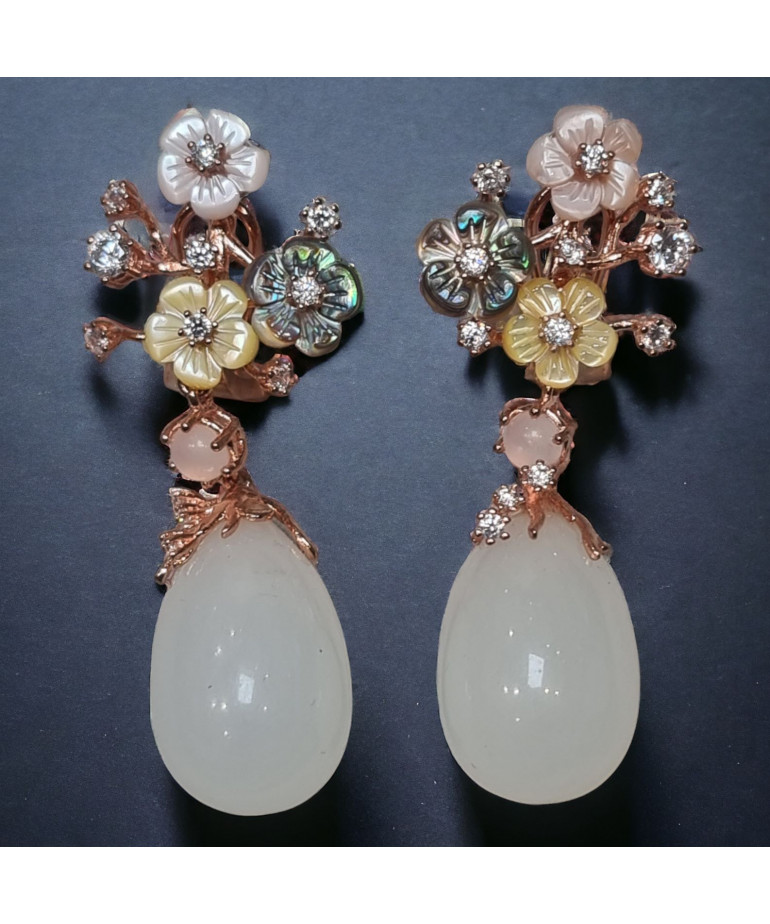 Boucles Pierre de lune et fleurs de Nacre & Zirconium Plaqué or rose