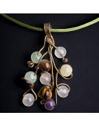 Pendentif Quartz rose Améthyste Œil de tigre Jade et calcite jaune sur cordon