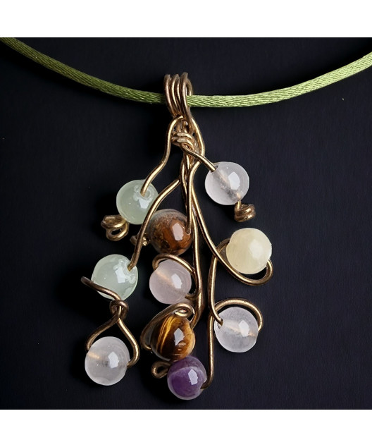 Pendentif Quartz rose Améthyste Œil de tigre Jade et calcite jaune sur cordon