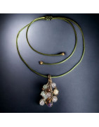 Pendentif Quartz rose Améthyste Œil de tigre Jade et calcite jaune sur cordon