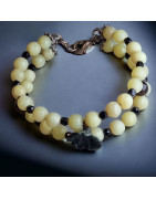 Bracelet Jade facetté Fleur Zoïsite Quartz fumé & Onyx sur câble acier double
