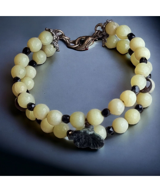 Bracelet Jade facetté Fleur Zoïsite Quartz fumé & Onyx sur câble acier double