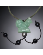 Pendentif Aventurine verte & Onyx Coq sur cordon