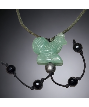 Pendentif Aventurine verte & Onyx Coq sur cordon